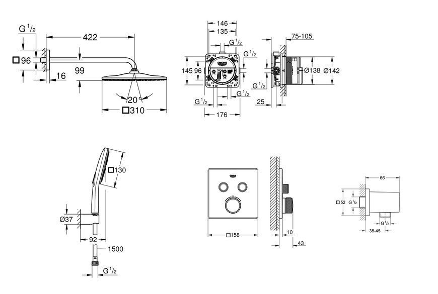 Душова система прихованого монтажу з термостатом Grohe Grohtherm SmartControl (UA26405SC1) UA26405SC1 фото