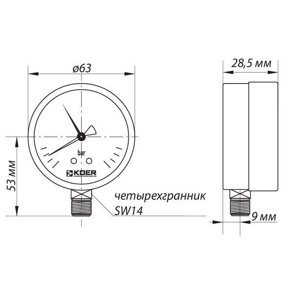 Манометр радіальний (KOER KM.621R) (0-4 bar), D 63мм, 1/4''-1/2'' (KR0206) KR0206 фото
