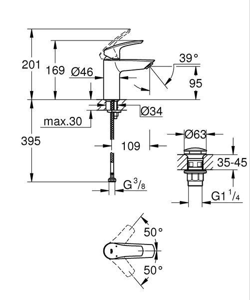 Одноважільний змішувач для раковини S-Size Grohe Eurosmart New з натискним донним клапаном (2392200 23922003 фото