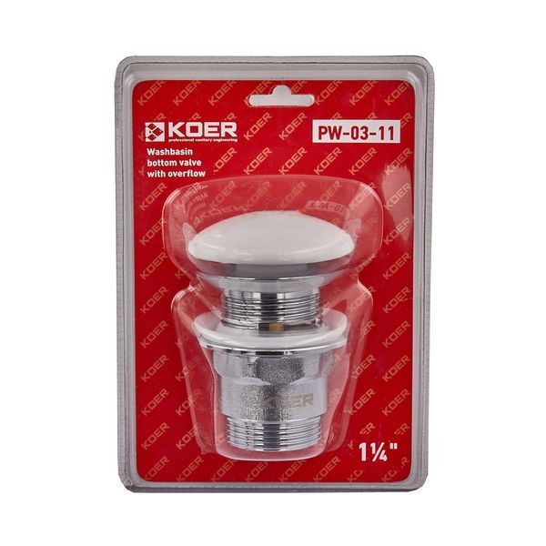 Донний клапан для раковини з переливом Koer PW-03-11 автоматичний (Click-Clack) (Біла керамічна нак KR3397 фото