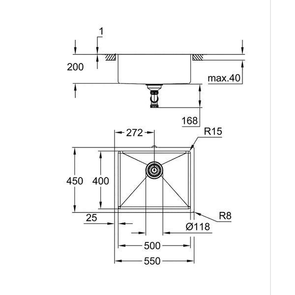Мийка для кухні Grohe 550 x 450 мм під стільницю, 1 чаша матова (31574DL1) 31574DL1 фото