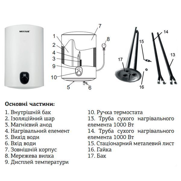 Бойлер "Циліндр" Mixxus EWH-01050 Round Dry накопич. 50 л, сухий тен 2 kW (WH0009) WH0009 фото