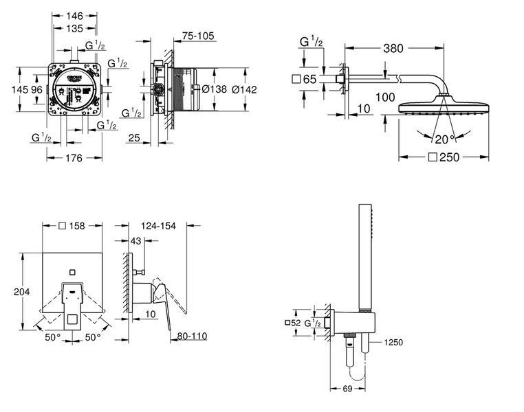 Душова система прихованого монтажу зі змішувачем Grohe Eurocube New Tempesta 250 (UA26415SC3) UA26415SC3 фото