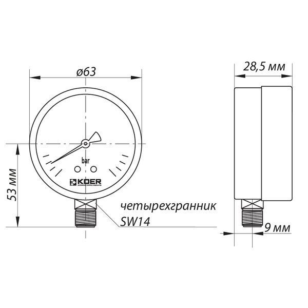 Манометр радіальний KOER KM.610R D 63мм (0-6 bar) 1/4''-1/2'' (KR2903) KR2903 фото